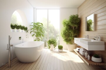 Fototapeta na wymiar Bathroom interior decorated with green plants. Modern comfortable bathroom.