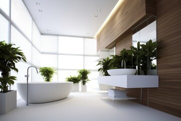 Fototapeta premium Bathroom interior decorated with green plants. Modern comfortable bathroom.