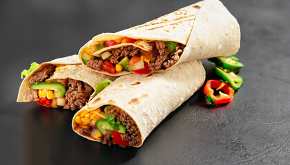 Burritos wraps with beef and vegetables on black background. Beef burrito, Mexican food.