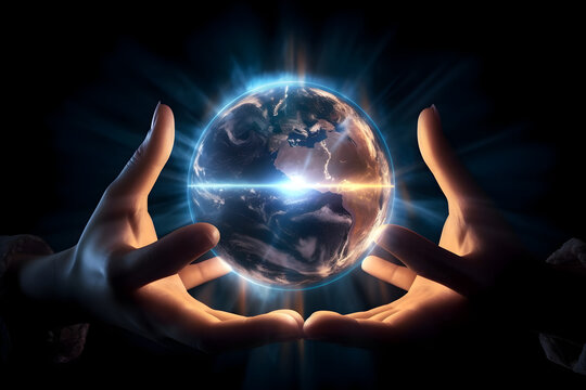 Hands Embracing a Floating Luminous Globe: Connected in Unity, generative ai