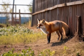 Naklejka na ściany i meble a fox in search of food wanders around the farm near the chicken coop. Generative AI