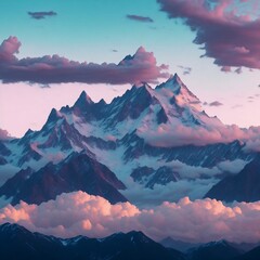 A dreamy, pastel-colored sky with a majestic mountain range in the background.