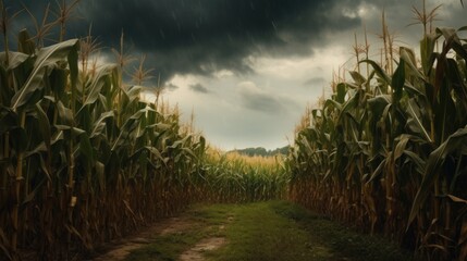 cornfield in cloudy weather before rain. farm road