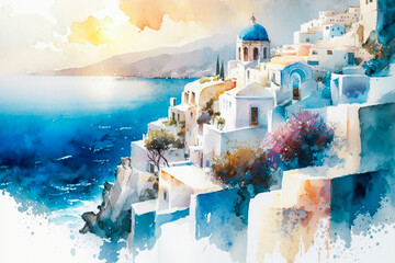 Watercolor painting modeled on the island of Santorini in summer. Concept illustration of medieval Greece, the sea, and Europe in summer. Made with Generative AI - obrazy, fototapety, plakaty