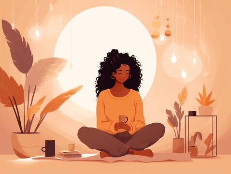 Cheerful Young Black Woman Sitting At Home With Cup Of Tea, Illustration Style