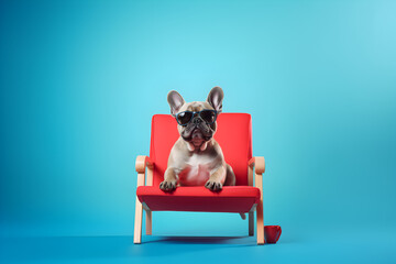 Stylish Dog: Chill Vibes on a Red Chair against Blue Backdrop, generative ai
