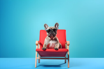 Stylish Dog: Chill Vibes on a Red Chair against Blue Backdrop, generative ai