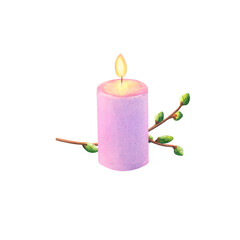 Composition of a purple candle with a flame and a twig. Watercolor illustration hand drawn.