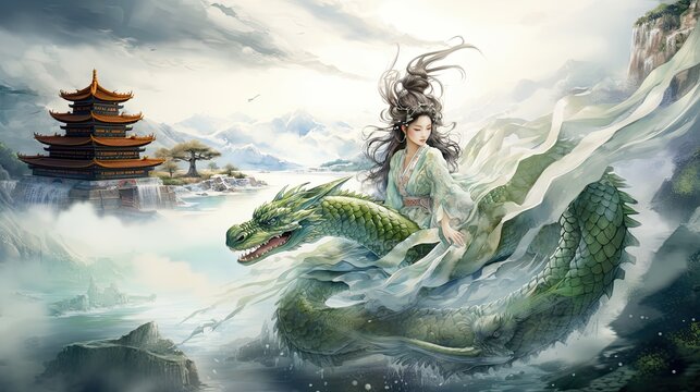 The Flooding of Jinshan Temple, Lady White Snake Bai Suzhen and Lady Green Snake Xiao Qing, Chinese mythology the Legend of the White Snake, Generative AI	
