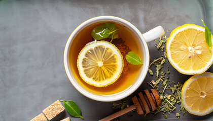 Green tea with lemon and honey, Immunity boosting and cold remedies, top view.