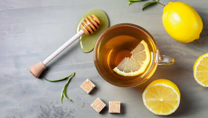 Green tea with lemon and honey, Immunity boosting and cold remedies, top view.