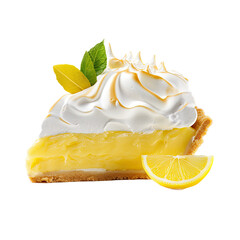 a piece of delicious lemon meringue pie, cooked to perfection,  dessert  Food-themed, photorealistic illustration in a PNG, cutout, and isolated. Generative AI