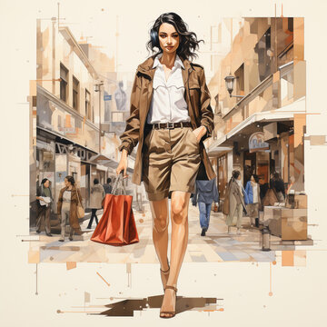 Shape illustration of shopping woman with paper bags, cartoon, poster