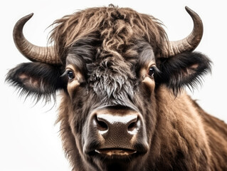 Cute wild buffalo portrait and white background. Generative AI