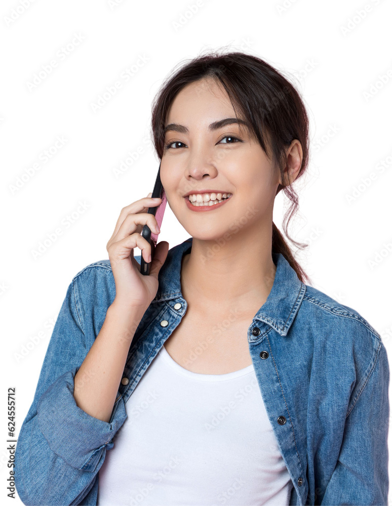 Wall mural Young Asian woman talking on the phone holds cellphone making answering call on isolated background