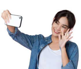 Young Asian woman taking selfie wiith smartphone shoot in isolated background.