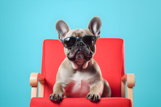 Dog with sunglasses on a red chair and blue background, generative ai 