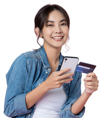 Young beauty Asian woman shopping payment online with credit card on smartphone and she wearing...