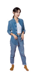 Fototapeta premium Full length portrait of young beautiful Asian woman in blue jeans jacket isolated background