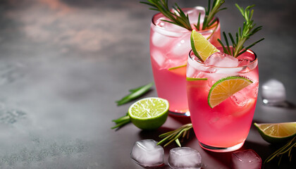 Refreshing pink drink or cocktail with ice, garnished with a slice of lime and rosemary. © Uuganbayar