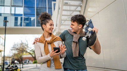 modern brother and sister or couple young man and woman walk outdoor