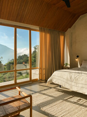 Panoramic windows in  bedroom with stunning view
