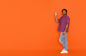 Happy indian guy in casual showing okay, copy space