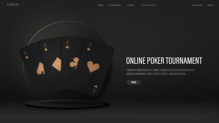 A web banner with real black and gold poker cards on a 3D podium. A poster on the casino theme with text.