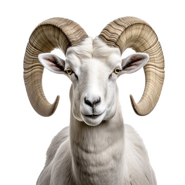 a stunning, Dall Sheep ram (Ovis dalli dalli) with full curl, portrait in a Wildlife-themed, photorealistic illustration in a PNG, cutout, and isolated. Generative AI