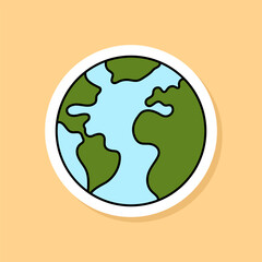 Vector Earth Planet sticker isolated on yellow background. 70s style cartoon icon white contour