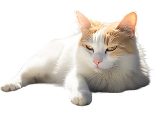 Obraz premium Relaxed Turkish Van Cat Lounging on a Sun-soaked Deck - Transparent Background