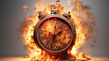 a horizontal image of a clock on fire/burning time in a Lifestyle-themed image as a JPG horizontal format. Generative AI