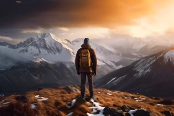 Keuken foto achterwand Alpen Hiker watching sunset on top of a mountain, generative ai