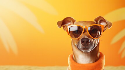 Fototapeta na wymiar a happy dog with sunglasses with fresh contemporary summer colors for a horizontal background for product display/mock-up with copy space. Decor-themed in a JPG format. Generative AI