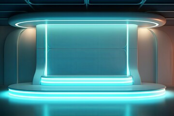 Modern futuristic podium with neon lighting for product presentation. AI generated, human enhanced