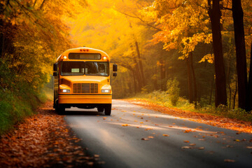 Fototapeta na wymiar School yellow bus. Back to school concept. Background with selective focus and copy space