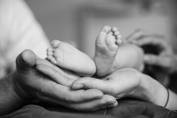 Feet of a newborn baby in parents hands. Mum and Dad hug their baby's legs.