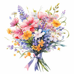 Watercolor bouquet with wildflowers, herbs, leaves, isolated on white background
