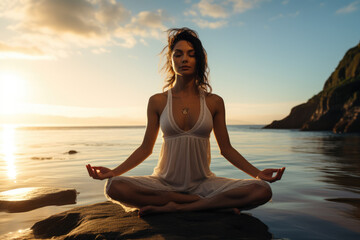 Fototapeta na wymiar Serenity by the Seashore. Woman practicing yoga at the seashore during sunset. Tranquility and inner peace concept. AI Generative