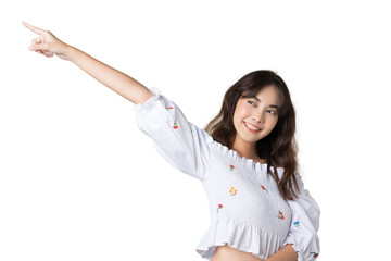 Young Asian woman pointing fingers up to empty space isolated background