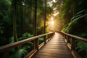 An old wooden bridge in a dense jungle - AI generative