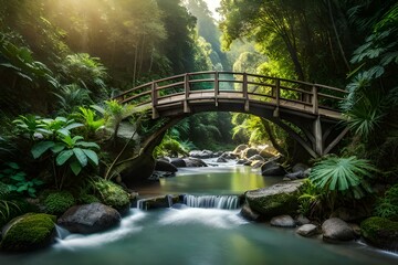 Fototapeta na wymiar An old wooden bridge in a dense jungle - AI generative