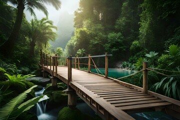 Fototapeta premium An old wooden bridge in a dense jungle - AI generative