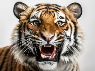 Fototapeta premium Aggressive wild tiger portrait and white background. Generative AI