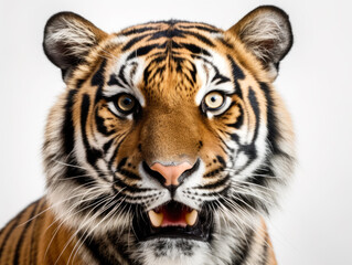 Wild tiger portrait and white background. Generative AI