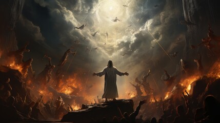 Judgment Day. Angry God stands against the backdrop of blazing fiery sky. Religious apocalypse AI - obrazy, fototapety, plakaty