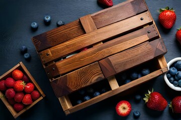 An overhead view of a weathered, wooden crate filled to the brim with a bountiful assortment of blueberries and strawberries - AI Generative