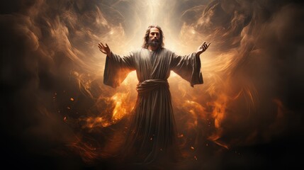 Judgment Day. Angry God stands against the backdrop of blazing fiery sky. Religious apocalypse AI
