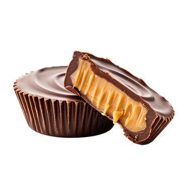 a peanut-butter cup of Milk Chocolate in a Food-themed, photorealistic illustration in a PNG format, cutout, and isolated. generative AI