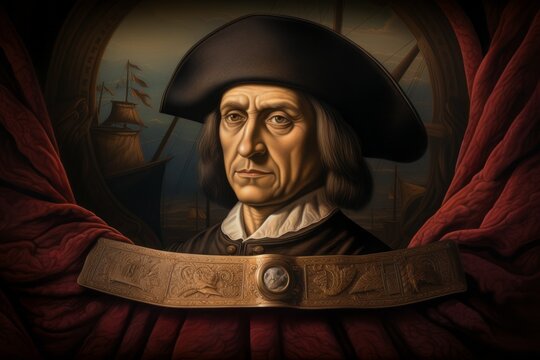 Portrait of Christopher Columbus in the style of classical artists painting. The concept of Columbus day and the discovery of America.